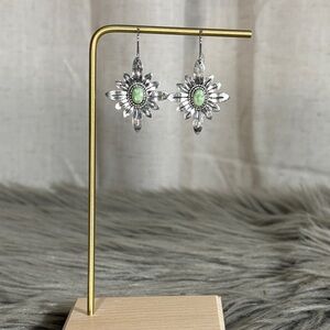 Elegant Silver Tone and Green Floral Earrings